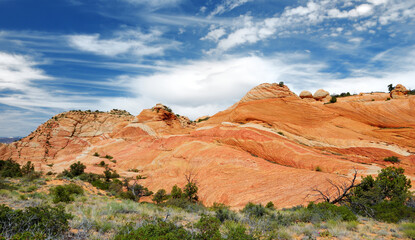 Scenic view of marvelous red and white sandstone formations of Yant Flat in Utah, USA