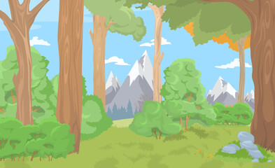 Mountain forest vector, cartoon nature flat scene