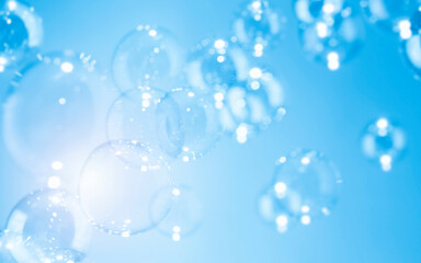 Beautiful Blurred Shiny Soap Bubbles Abstract Background. Defocused White Space. Bokeh Magic. Celebration Festive Backdrop. Fressness Soap Suds Bubbles Water