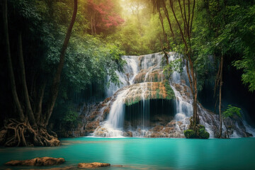 Fototapeta na wymiar Beautiful waterfall with a forest backdrop is Erawan waterfall in Kanchanaburi, Thailand. Generative AI
