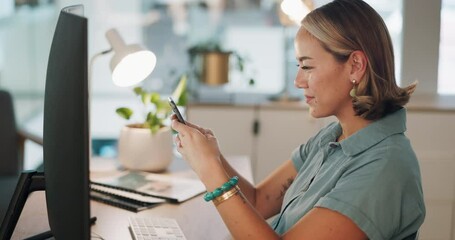 Phone, social network or business woman in office for comic social media, networking or comic blog content. Tech, happy or manager with smile on smartphone for analytics, planning or communication