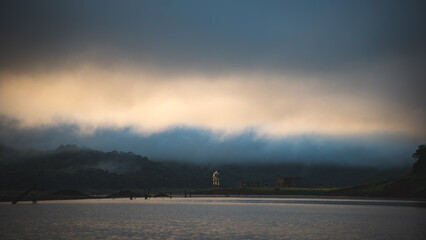 morning summer of nature mountain landscape in happy lifestyle of freedom and relax with cloud fog on sky, adventure travel journey vacation with sunrise or sunset over beautiful mist forest