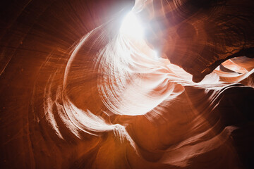 Fototapeta Glowing colors of Upper Antelope Canyon, the famous slot canyon in Navajo reservation near Page, Arizona, USA obraz