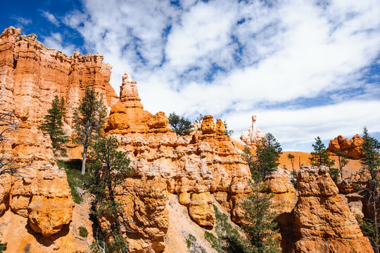 Scenic view of stunning red sandstone hoodoos in Bryce Canyon National Park in Utah, USA