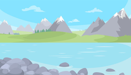 Mountain river scene flat vector nature background