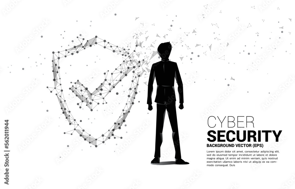 Poster vector silhouette of businessman with protection shield icon from dot connect line polygon network. 