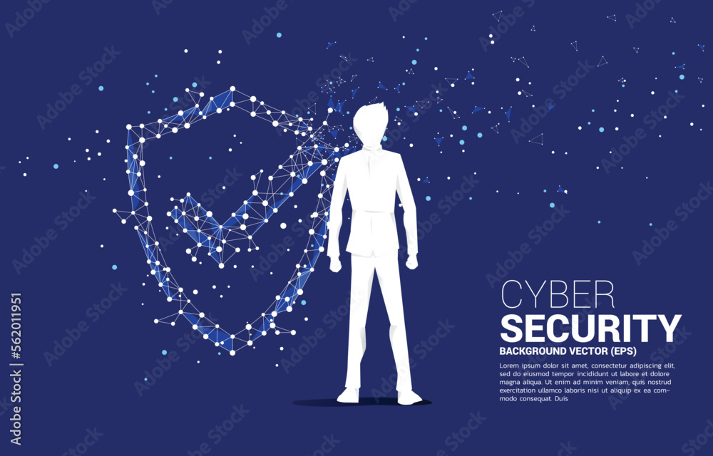 Poster vector silhouette of businessman with protection shield icon from dot connect line polygon network. 