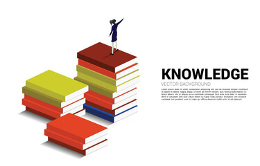 Fototapeta na wymiar Concept background for power of knowledge. Silhouette of businesswoman standing and point ahead on stack of books.