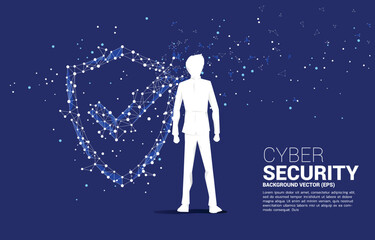Naklejka premium Vector Silhouette of businessman with Protection shield icon from dot connect line polygon network. concept of guard security and safety