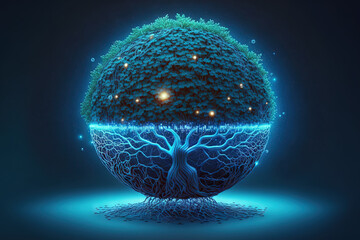Fototapeta On a Circuit digital ball, a tree is growing. convergence between technology and digital. Blue lighting with a background of a wireframe network. Concepts for CSR, green technology, green computing, a obraz