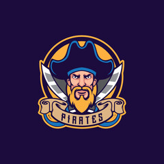 Pirate head mascot logo with two sword