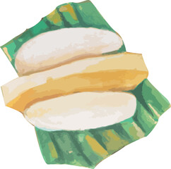 Round Sticky Rice ( Banh Day) and Cha Vietnamese Traditional Food Watercolor Gouache