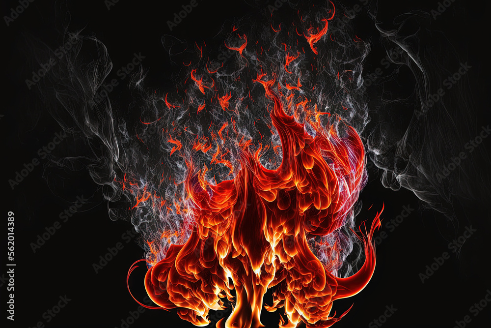 Sticker Red fire that burns power from a fire that burns closely on a black background. Generative AI