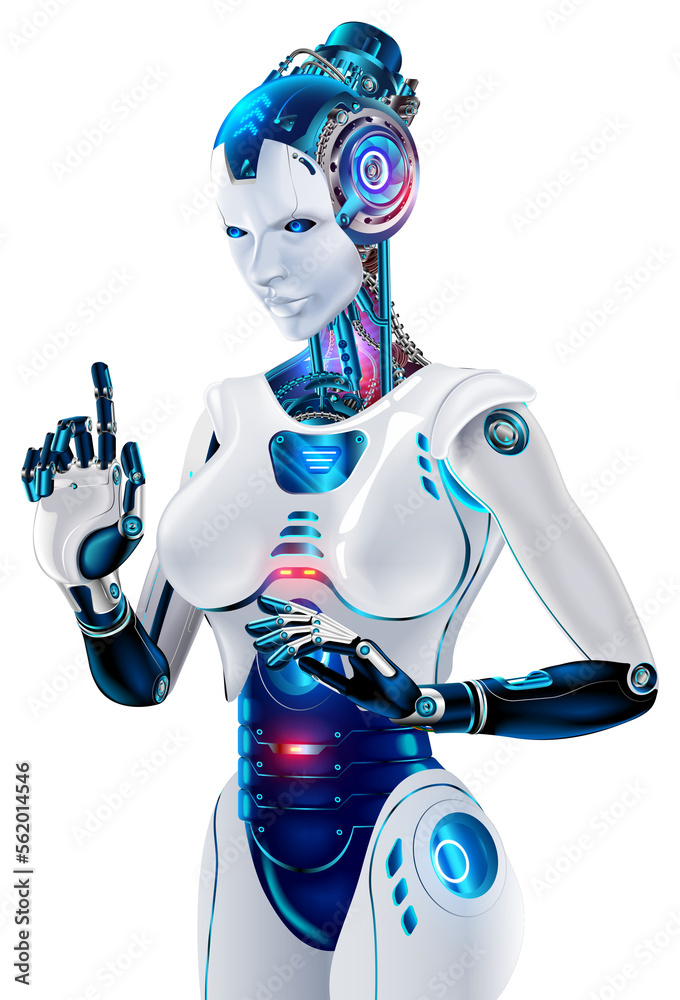 Leinwandbilder ai in image robot woman or female cyborg. robotic lady with beautiful face, cybernatic hand pressing