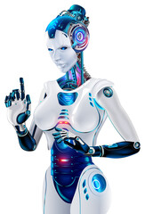 AI in image robot woman or female cyborg. Robotic lady with Beautiful face, cybernatic hand pressing button. Anthropomorphic Artificial intelligence. Machine learning. Mechanical humanoid machine.