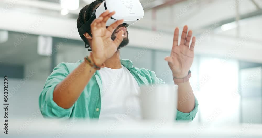 Poster virtual reality, vr metaverse and futuristic black man work on cyber dashboard, augmented reality or