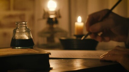 19th century man writing with a dip pen at his desk