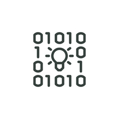 Thin Outline Icon Binary Code and Lightbulb. Such Line Symbol Unexpected Result, AI Technology, Emergent Goals in Code. Vector Isolated Custom Pictogram White Background Editable Stroke.