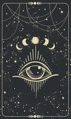 All-seeing eye on a black mystical celestial background with stars, vintage pattern for numerology, astrology, divination, stories template. Modern esoteric vector card. - obrazy, fototapety, plakaty