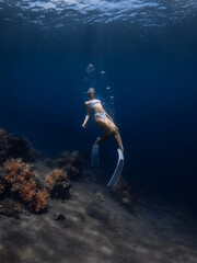 Woman freediver glides with bubbles underwater in deep blue ocean