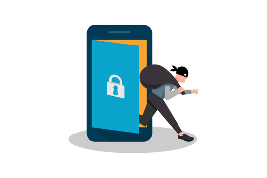 Cyber thief, hacker, get out of the door with a bag of personal information on smartphone. Cyber security and crime concept. Vector illustration of flat design people cartoon character.