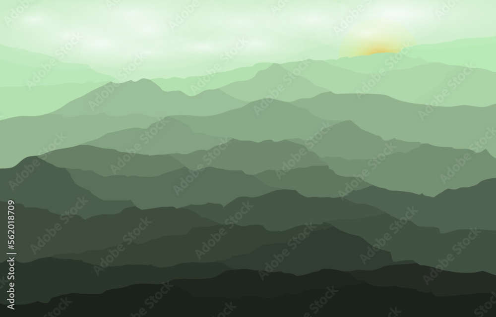 Sticker Abstract green gradient mountain and sunrise background. Geometric design for wallpaper, backdrop, patterns, texture, background, textile, wrapping, clothing, art print vector. Minimal retro vintage.