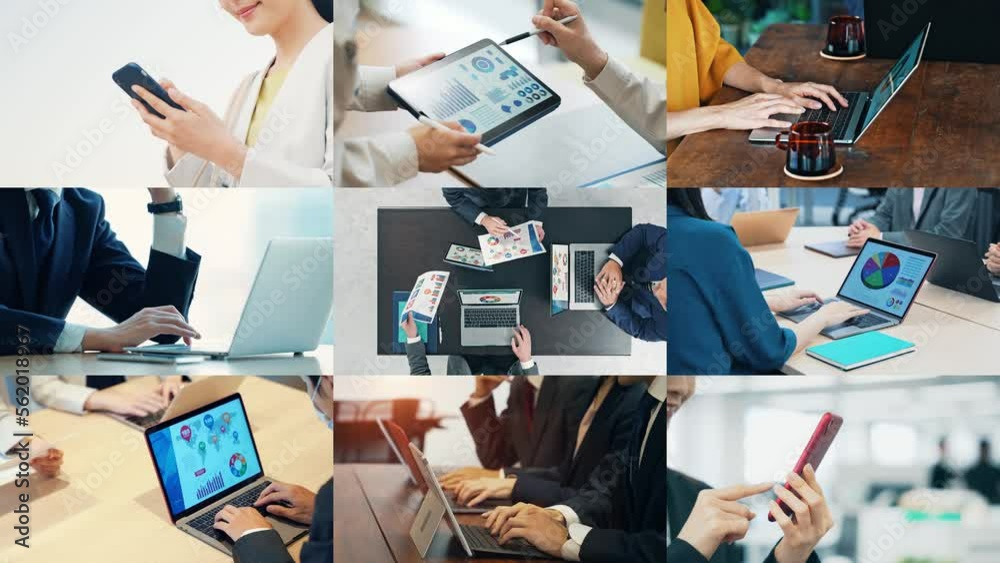 Aufkleber collage of various business scenes. multi screen. scaling transition.