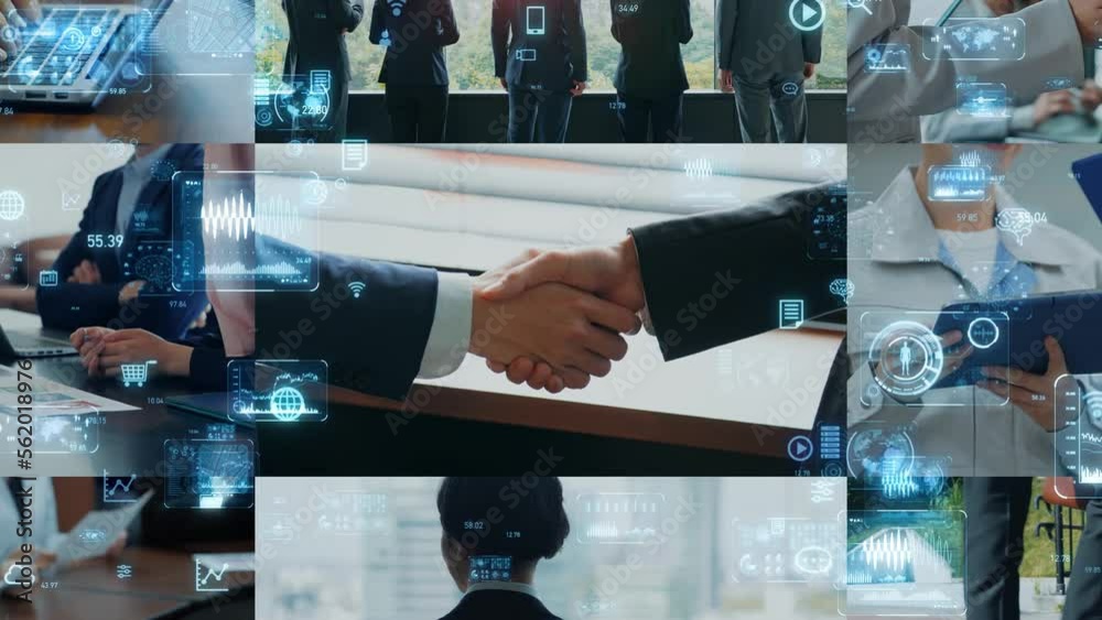 Fototapete Collage of various business scenes and digital data concept. Multi screen. Scaling transition.