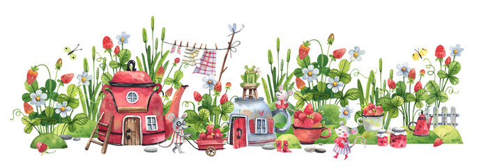 Obraz premium Cartoon background with cute forest houses, strawberry bushes, flowers and mice picking strawberries. Horizontal watercolor illustration for decorating kids rooms, shop windows, fabrics, etc.