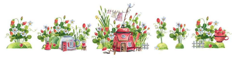 Collection of watercolor illustrations of strawberries, flowers, garden, fairy houses in cartoon style. Kettle house, cup house, lawn with berries set.Kids style illustration.