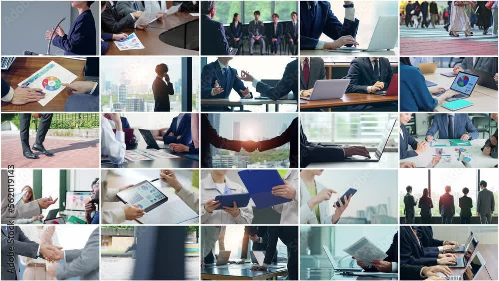 Aufkleber a collage of various business scenes. transition from a shaking hands scene. title template.