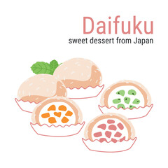Delicate Daifuku rice cakes with different fruit fillings. Asian food. Vector illustration on a white background for restaurants, menus, decor