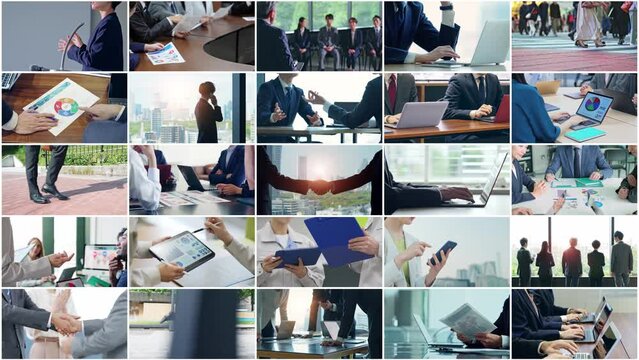 A collage of various business scenes. Transition from a shaking hands scene. Title template.