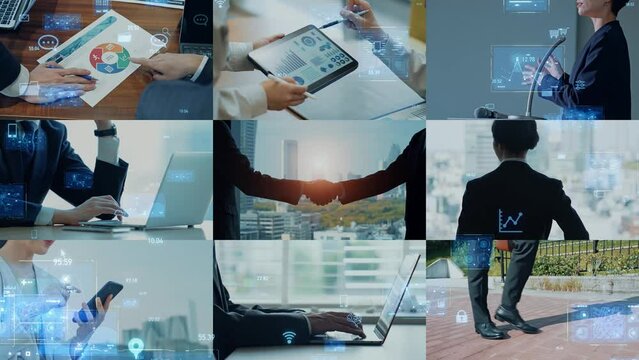 Collage of various business scenes and digital technology concept. Multi screen. Scaling transition.