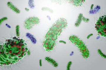 Fototapeta na wymiar Concept infectious agents, bacteria, bacilli, E. coli, part of the gut microbiome. Magnified image from under the microscope. 3D rendering, 3D illustration.