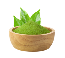 instant matcha green tea in wood bowl on transparent png