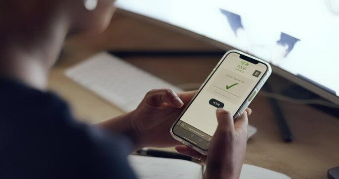 Food menu, smartphone screen and hands on e commerce website, online shopping or mobile app marketing. Restaurant app design, website or advertising for online order with SEO search engine technology