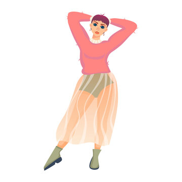 Spring girl stands with raised hands in fashionable clothes. Woman isolated for spring design by women's day. Vector cartoon illustration