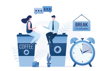 Office workers sit on large mugs of coffee and talk. Alarm clock and placard - break, colleagues are discussing work. Pause in work process, rest, recharge. Office workflow, coffee break.