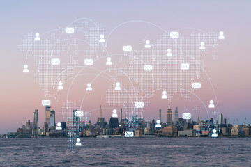 Fototapeta na wymiar New York City skyline from New Jersey over Hudson River with Hudson Yards skyscrapers, sunset. Manhattan, Midtown. Social media hologram. Concept of networking and establishing new people connections