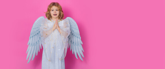 Angel prayer kids. Little cupid angel child with wings. Banner header, copy space. Studio portrait...