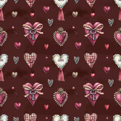 Watercolor, vintage seamless pattern with hearts of different shapes and sizes on a burgundy background. Watercolor illustration background for valentine's day, romantic events.