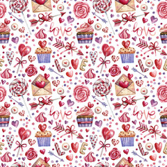 Romantic seamless pattern with sweets, hearts and love texts on a white background. Pink, purple pattern with watercolor illustrations. Background for valentine's day, romantic events.