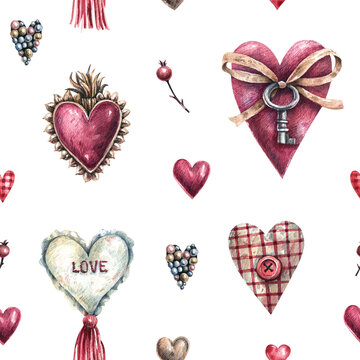 Romantic, vintage seamless pattern with hearts of different shapes and sizes. Watercolor illustration background for valentine's day, romantic events.