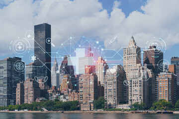 New York City skyline from Roosevelt Island over the East river towards skyscrapers of Midtown Manhattan, day time. Health care digital medicine hologram. The concept of treatment, disease prevention