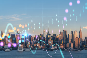 New York City skyline from New Jersey over Hudson River, Midtown Manhattan skyscrapers at sunset, USA. Forex graph hologram. The concept of internet trading, brokerage and fundamental analysis