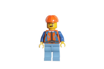 Naklejka premium Russia Vyborg 01.14.2023 Lego worker in helmet isolated on white background