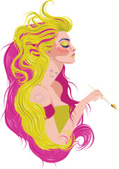 Girl with pink and yellow hair holding paintbrush