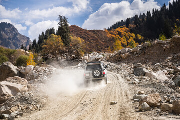 White SUV car climbs a dusty road in the autumn mountains. © Roman