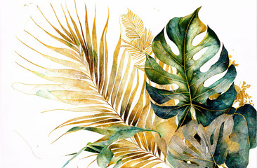 Monstera and palm leaves floral watercolor background. Generative AI